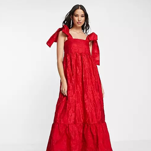 Sister Jane Dresses & Skirts - ❤️ Sister Jane Tiered Maxi Dress Red Maxi Dress Unique Red Event Dress Pom Pom ❤